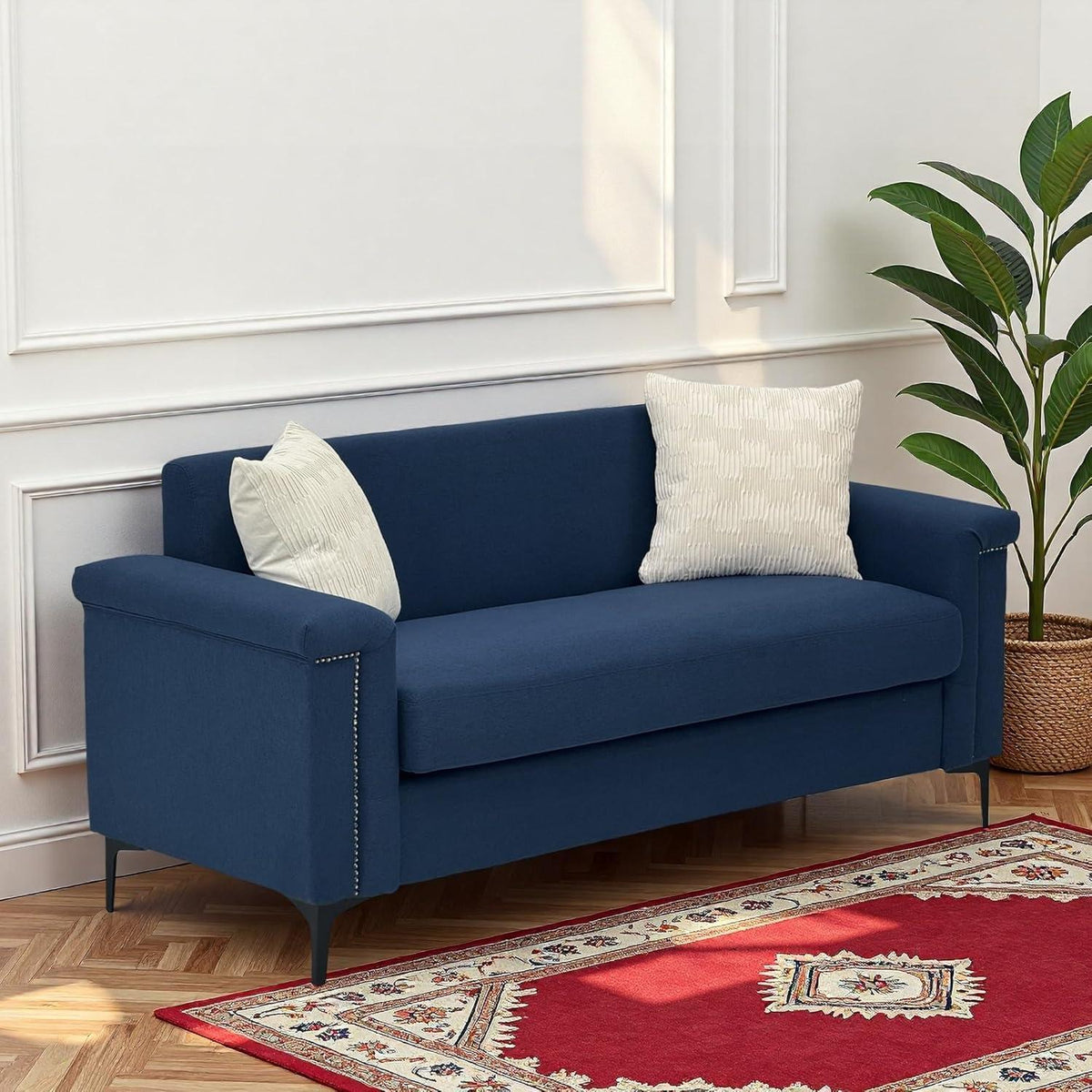 Kleine 2-Sitzer Couch Blau – Modernes Leinen Sofa für Wohnzimmer