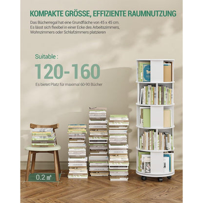 Drehbares Bücherregal weiß, 5 Ebenen mit Rollen