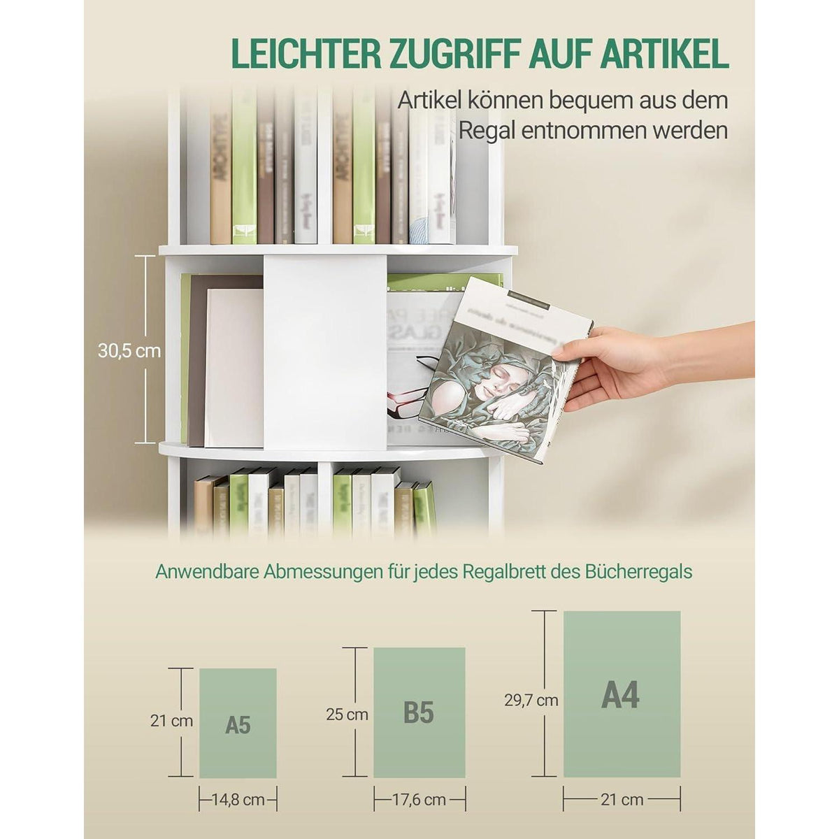 Drehbares Bücherregal weiß, 5 Ebenen mit Rollen
