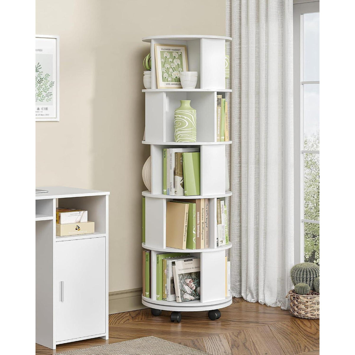 Drehbares Bücherregal weiß, 5 Ebenen mit Rollen