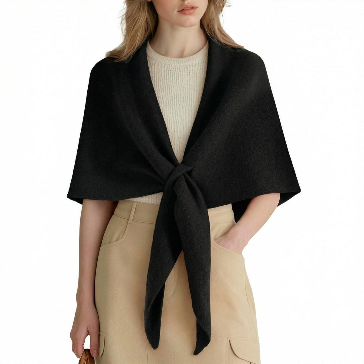 Merino Stola Damen Dreieckstuch Poncho Schwarz 185x70