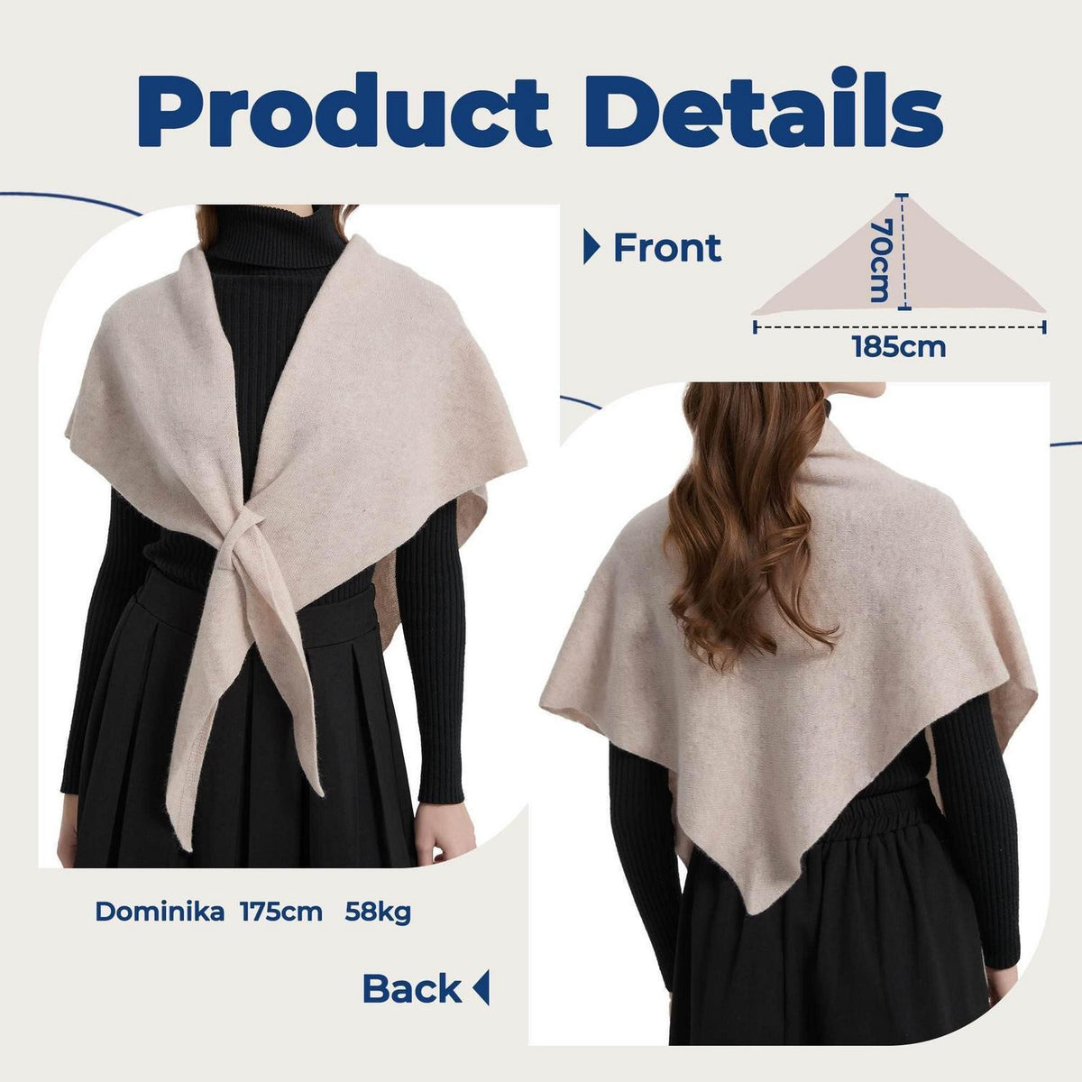 Merino Stola Damen Dreieckstuch Poncho Schwarz 185x70