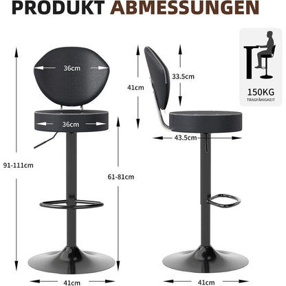 Höhenverstellbarer Barhocker mit Rückenlehne – 2er Set Schwarz