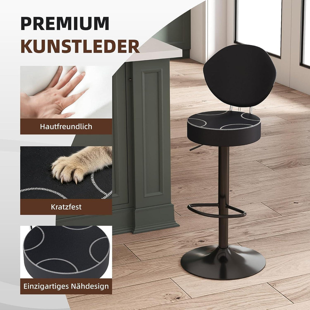 Höhenverstellbarer Barhocker mit Rückenlehne – 2er Set Schwarz