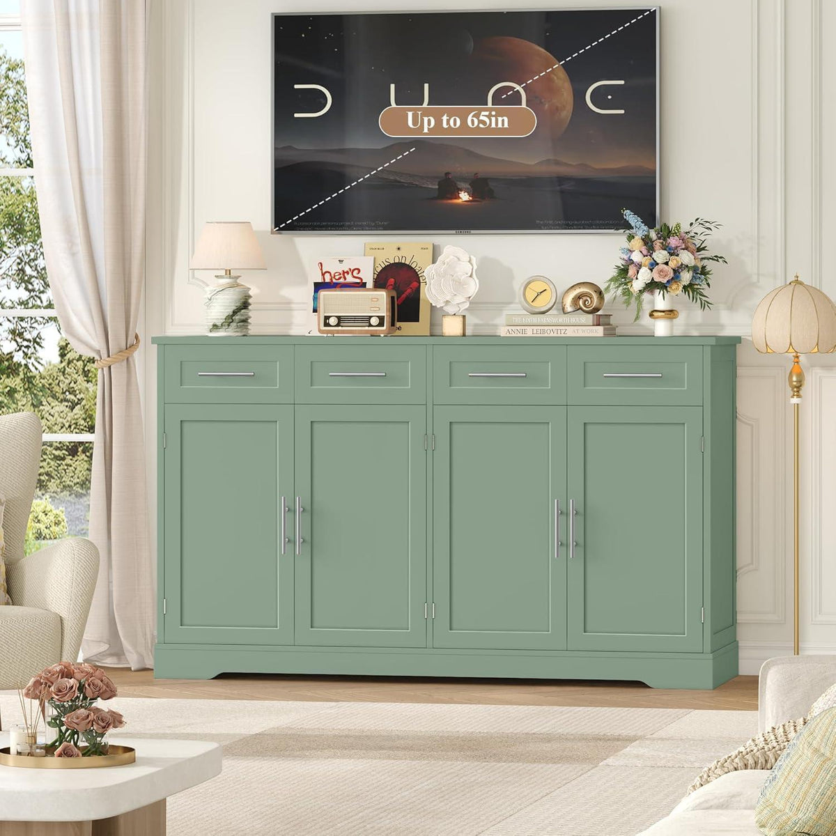 Grünes Sideboard 150cm mit Arbeitsplatte & Schubladen