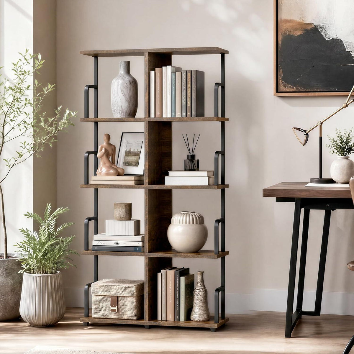 Hohes, schmales Bücherregal Industrial Style Braun Schwarz