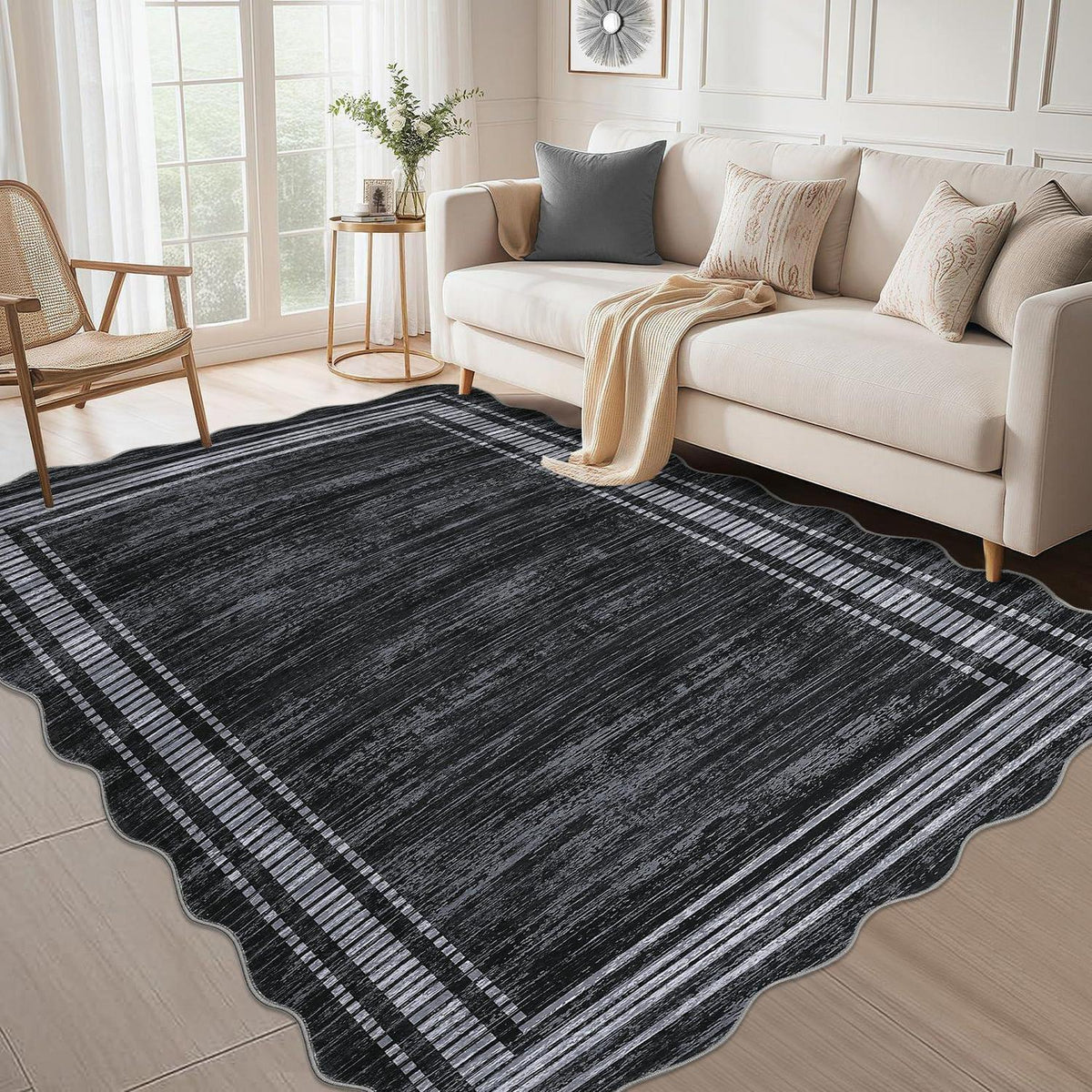 Moderner Wohnzimmerteppich 200x290 cm Schwarz mit Bordüre – Weich & Rutschfest