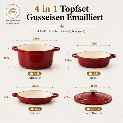 Emailliertes Gusseisen Topfset 4-teilig Rot – Dutch Oven & mehr