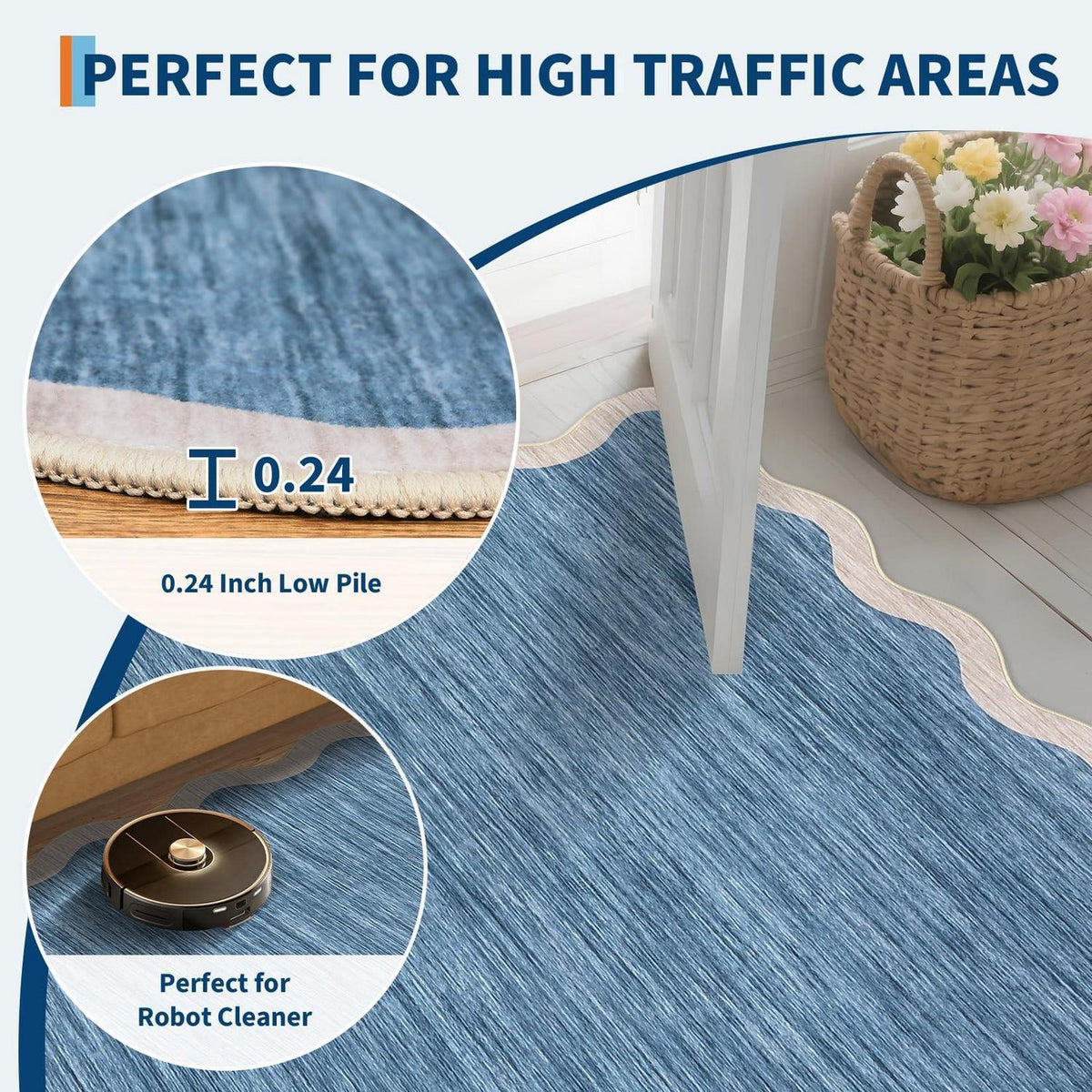 Grauer/Blauer Wellenkanten Teppich 200x290 cm – Rutschfest & Waschbar