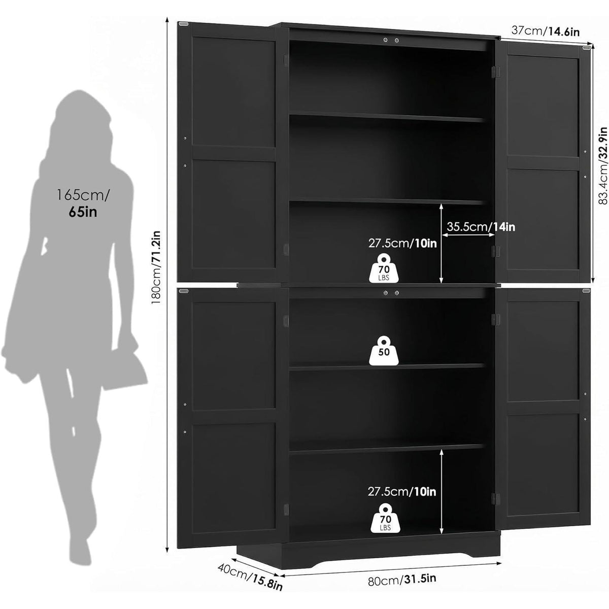 180 cm Küchenschrank mit 4 Türen – Buffetschrank Schwarz