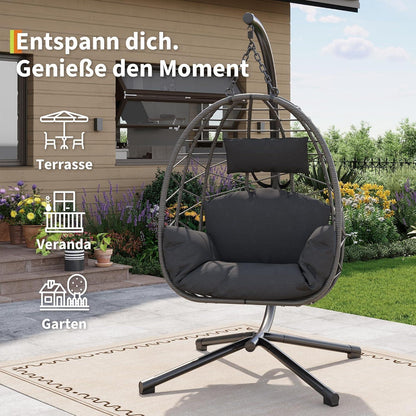 Rattan Hängesessel mit Gestell – Grau, Outdoor & Indoor