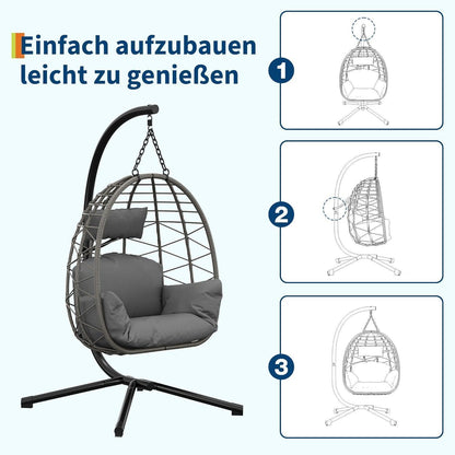 Rattan Hängesessel mit Gestell – Grau, Outdoor & Indoor