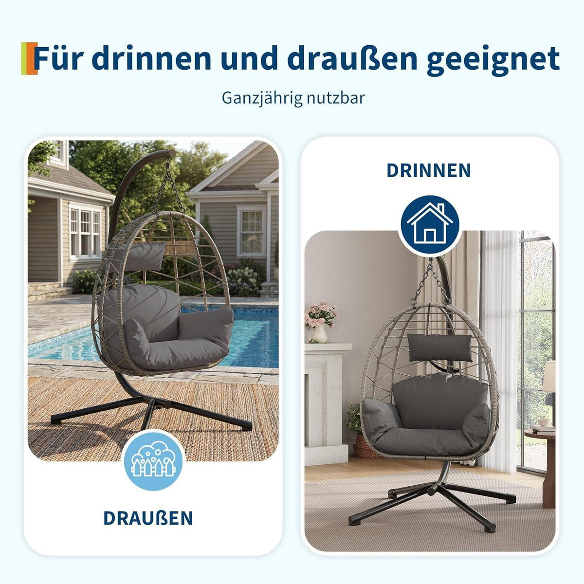 Rattan Hängesessel mit Gestell – Grau, Outdoor & Indoor