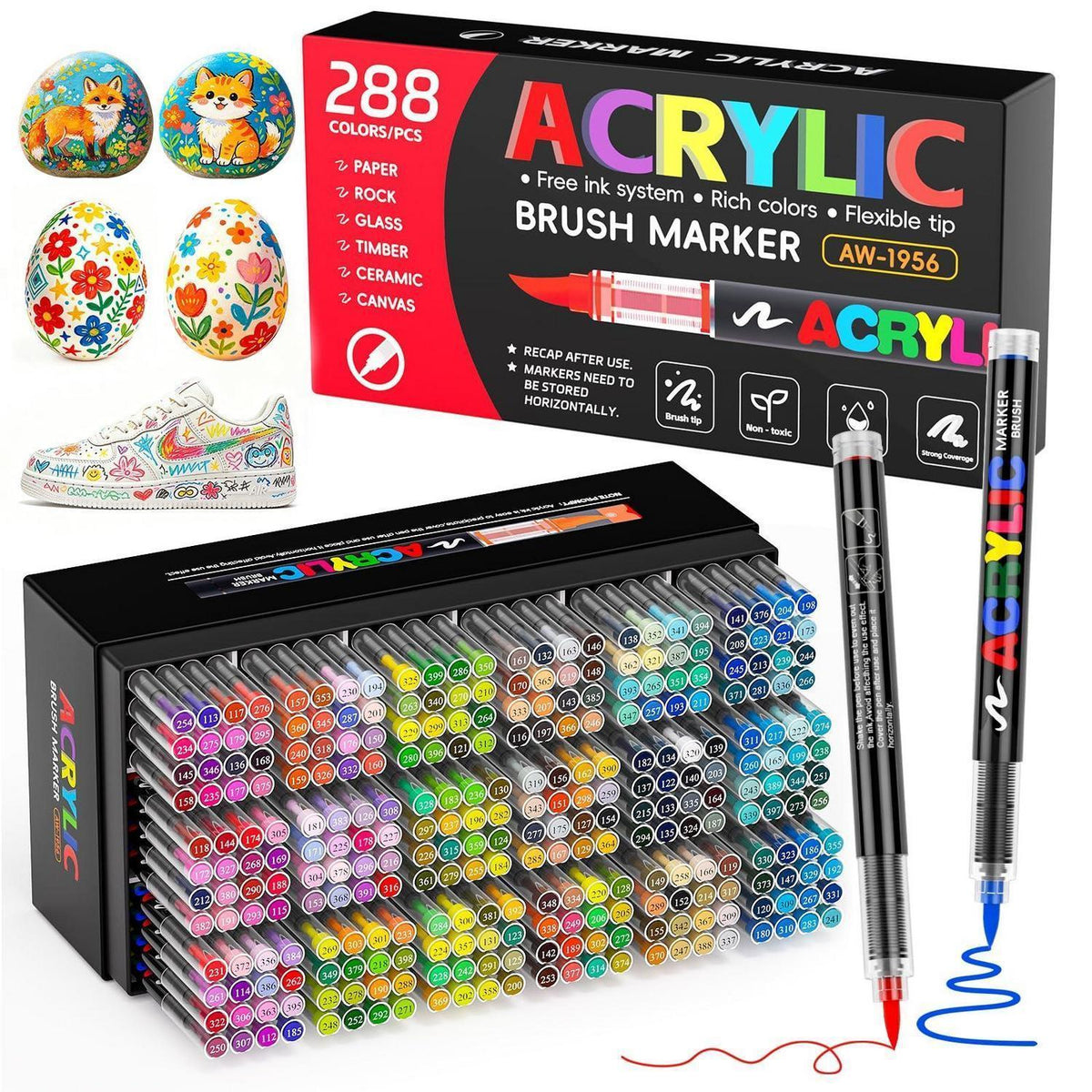288 Acrylstifte Set Pinselspitze für Steine, Stoff & mehr