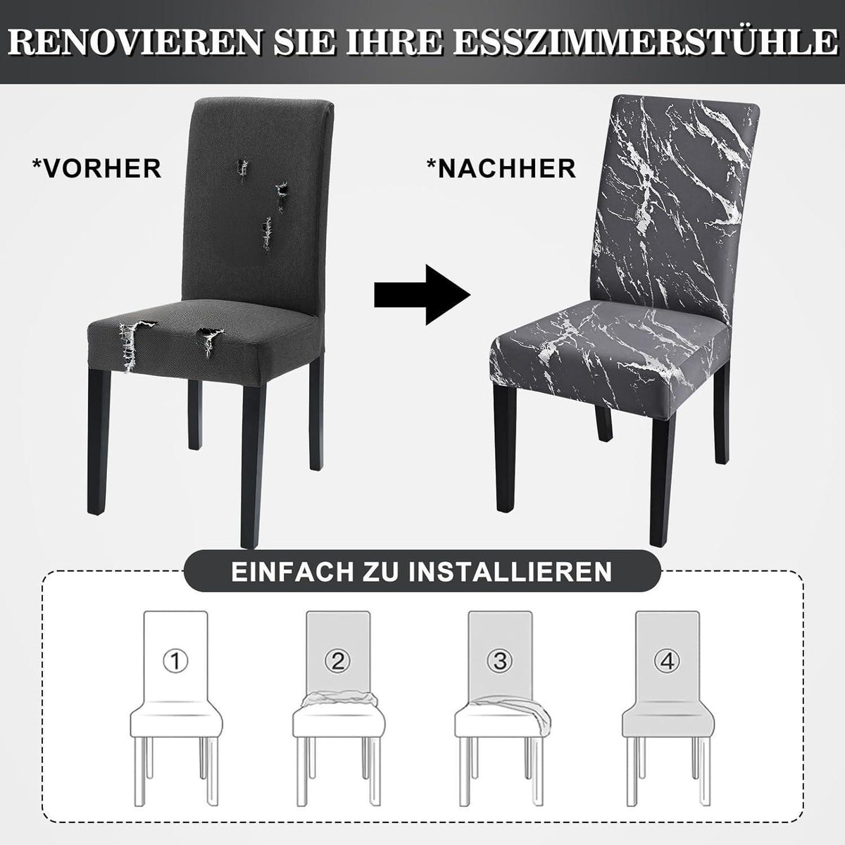 Stretch Stuhlhussen Set Dunkelgrau mit Silber - 4er Pack