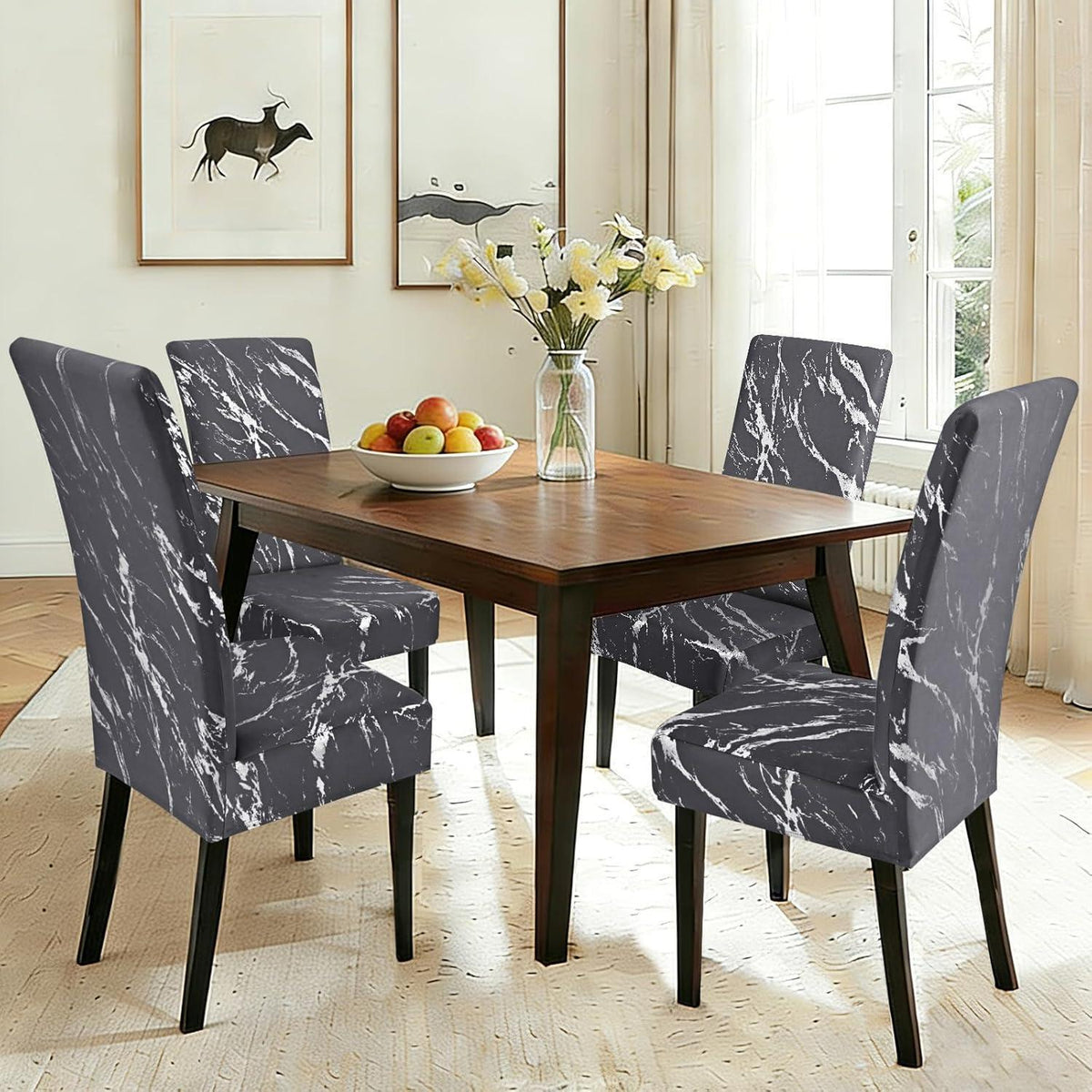 Stretch Stuhlhussen Set Dunkelgrau mit Silber - 4er Pack