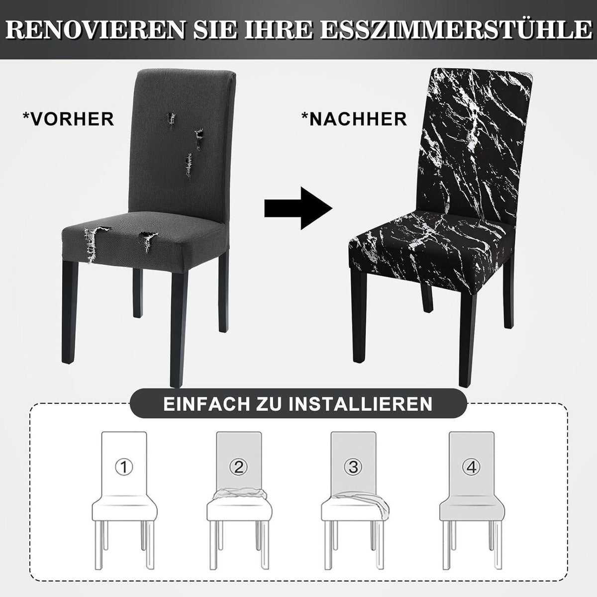 Stretch Stuhlhussen 6er Set – Schwarz mit Silber