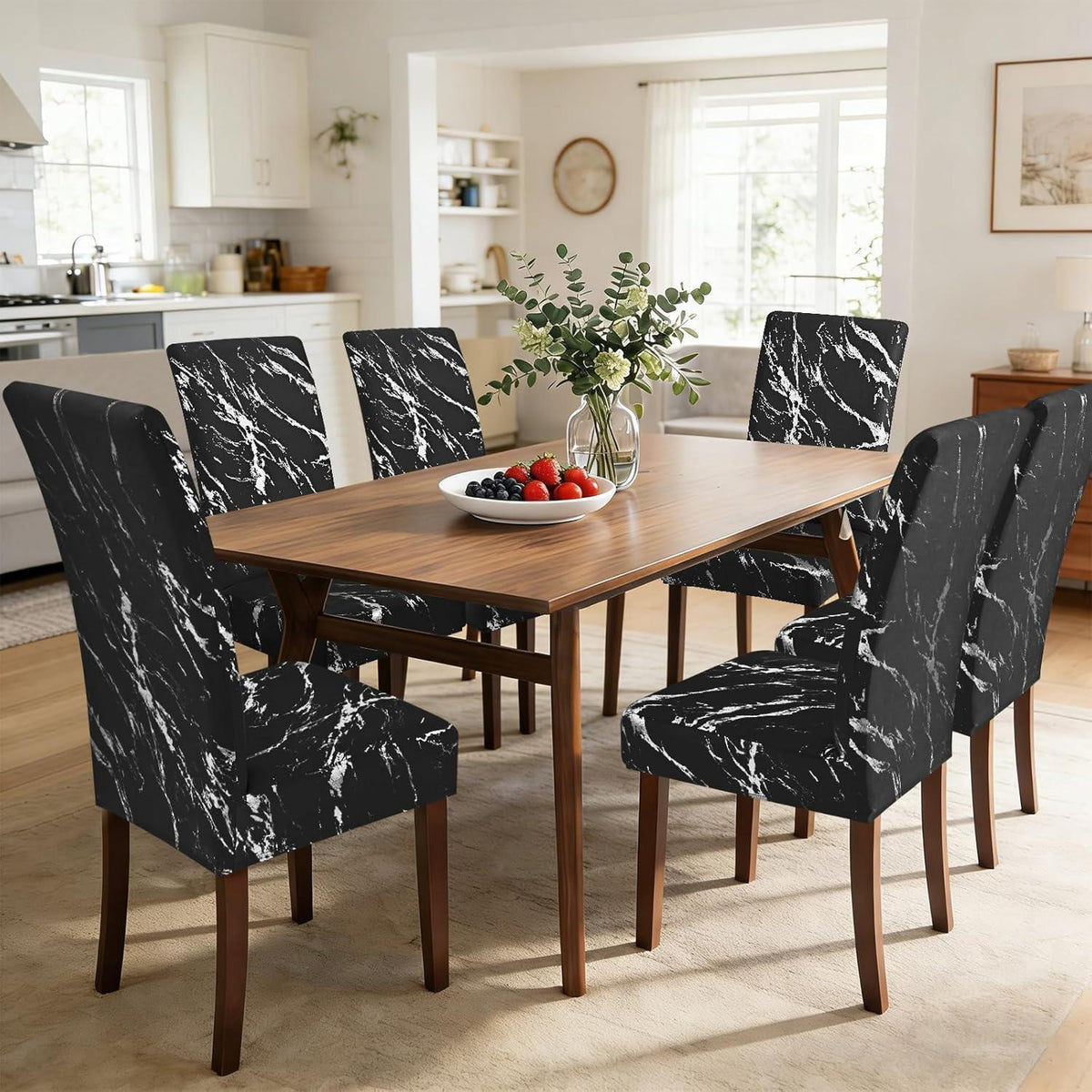 Stretch Stuhlhussen 6er Set – Schwarz mit Silber