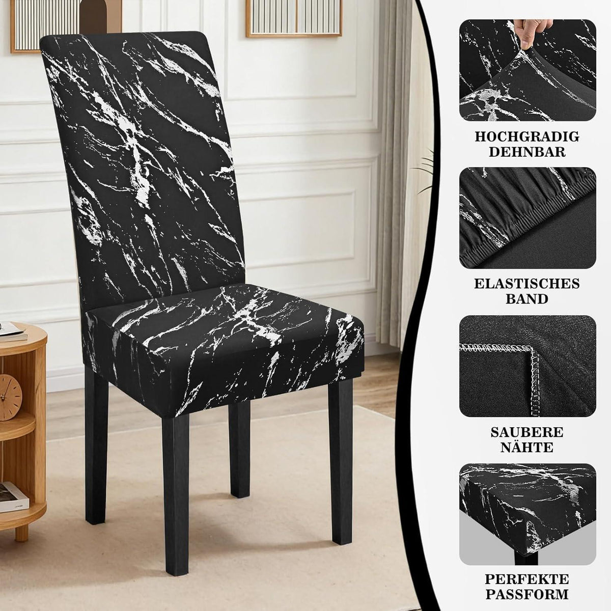 Stretch Stuhlhussen 6er Set – Schwarz mit Silber