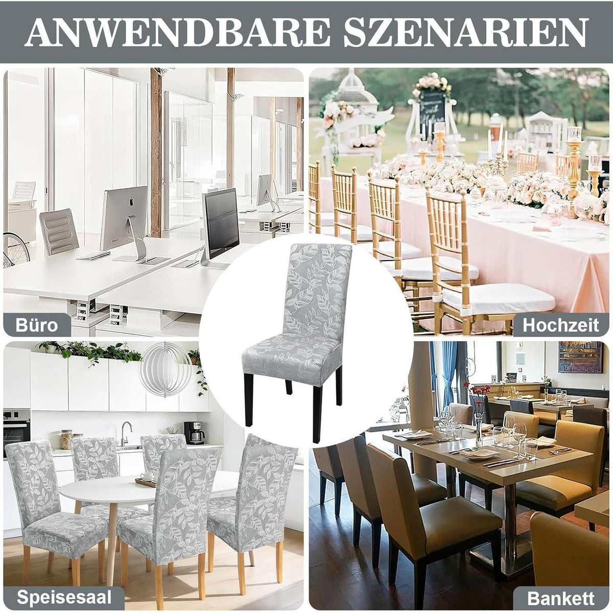 Samt Stuhlhussen 6er Set – Elastische Esszimmer Hussen Hellgrau