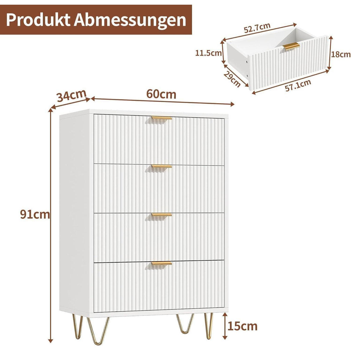 Kommode 4 Schubladen Weiß Elfenbein | Schlafzimmer Möbel mit Kippschutz