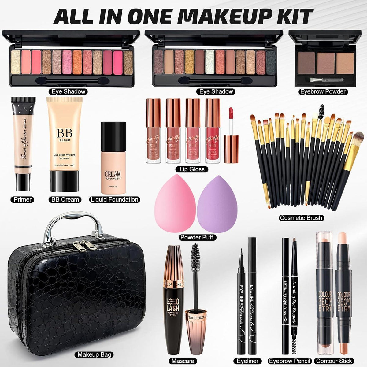 Komplettes Schminkset Damen mit Reisetasche & Lidschatten