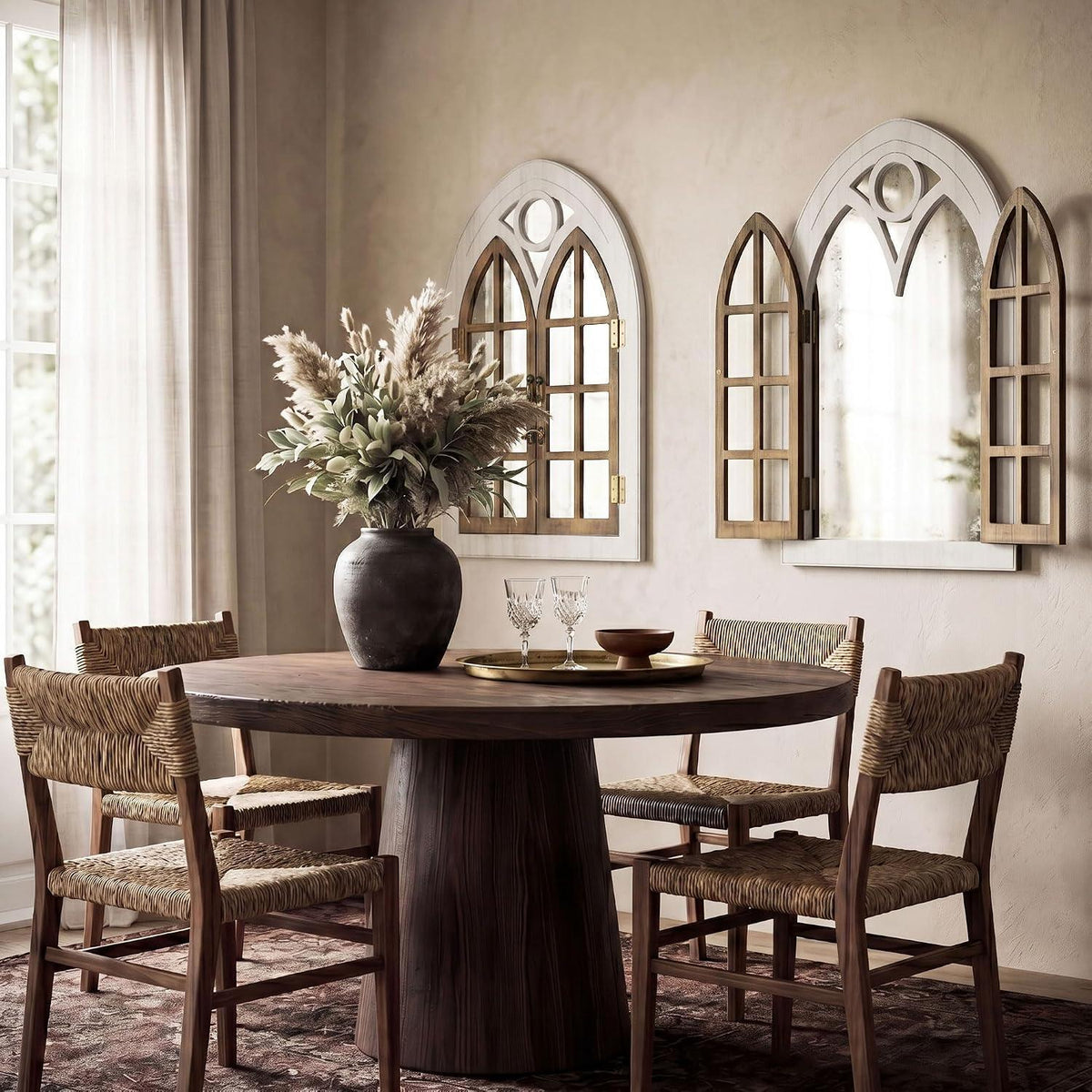 Bogenfenster Spiegel mit Holzrahmen – Vintage Wanddeko