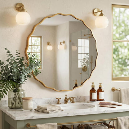 Runder Wellen-Wandspiegel Gold 60x60cm – Modernes Badezimmer Design