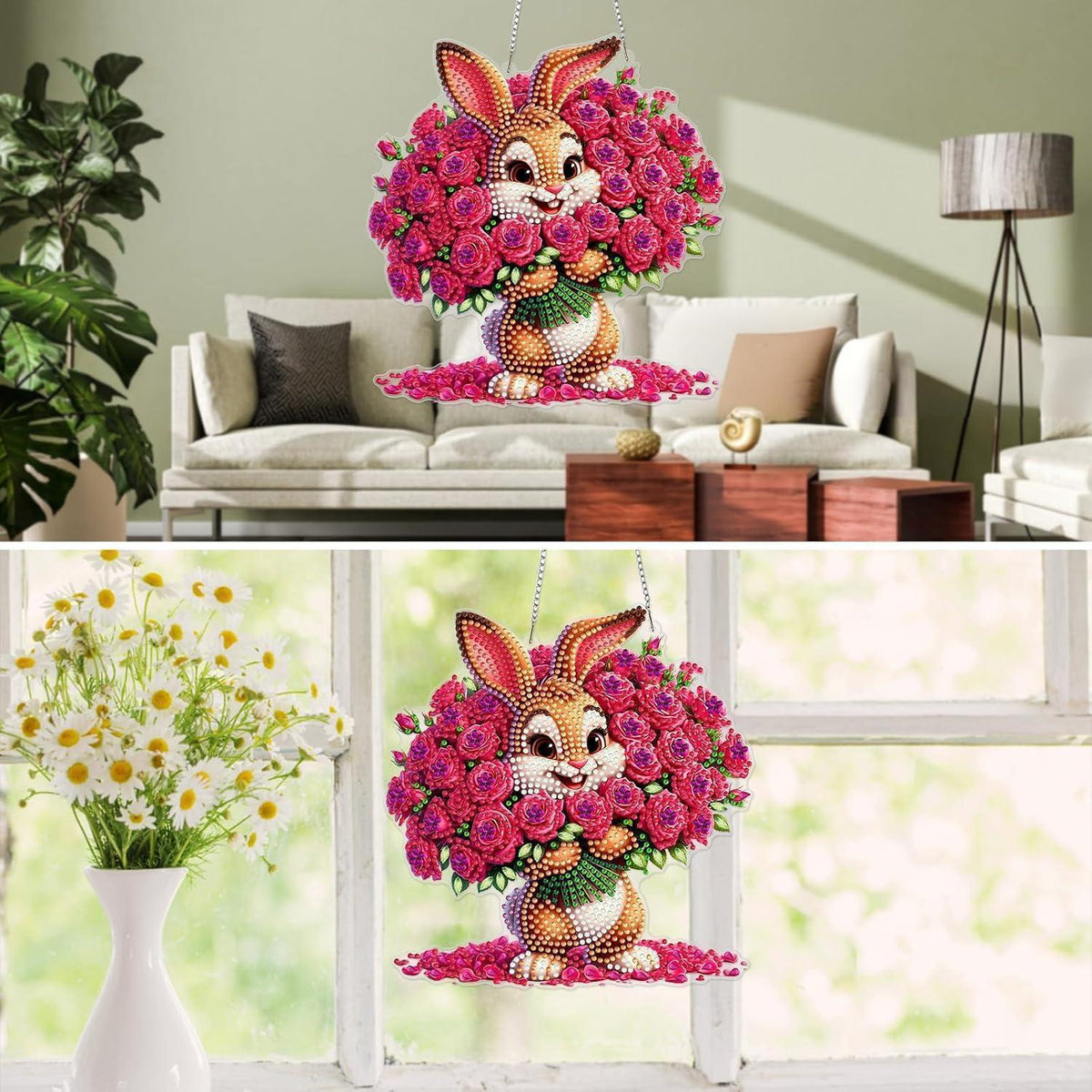Diamant Painting Rosen Kaninchen Set mit Kette – DIY Wanddeko