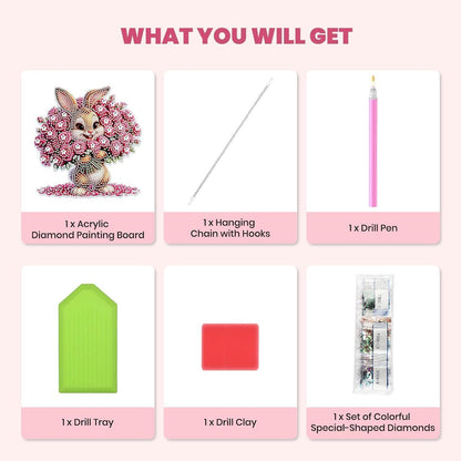 Diamant Painting Rosen Kaninchen Set mit Kette – DIY Wanddeko
