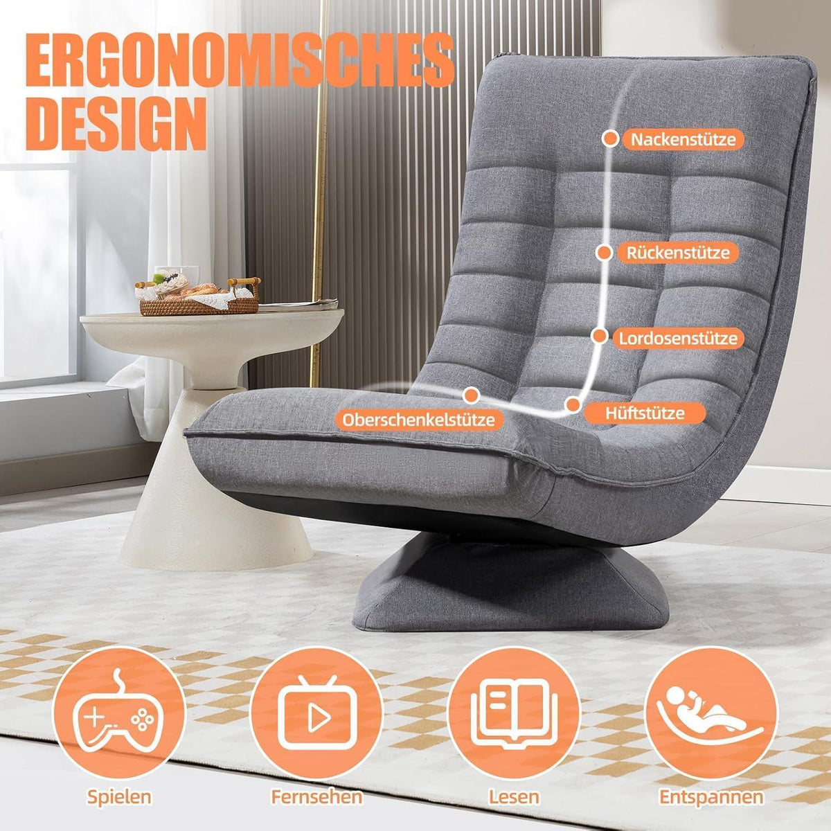 Verstellbarer Wohnzimmer Sessel – 360° Drehbar, Grau/Leinen