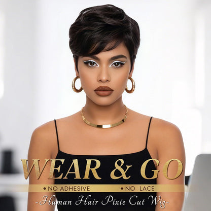 Echthaar Pixie Cut Perücke Schwarz mit Pony, Kurz & Gewellt