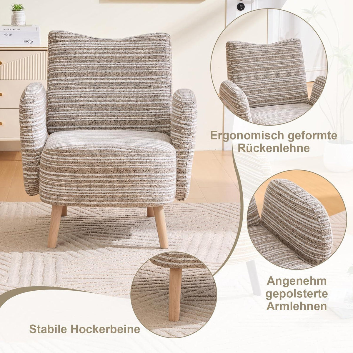 Ohrensessel Relaxsessel mit Bouclé Stoff & Massivholzbeinen Khaki