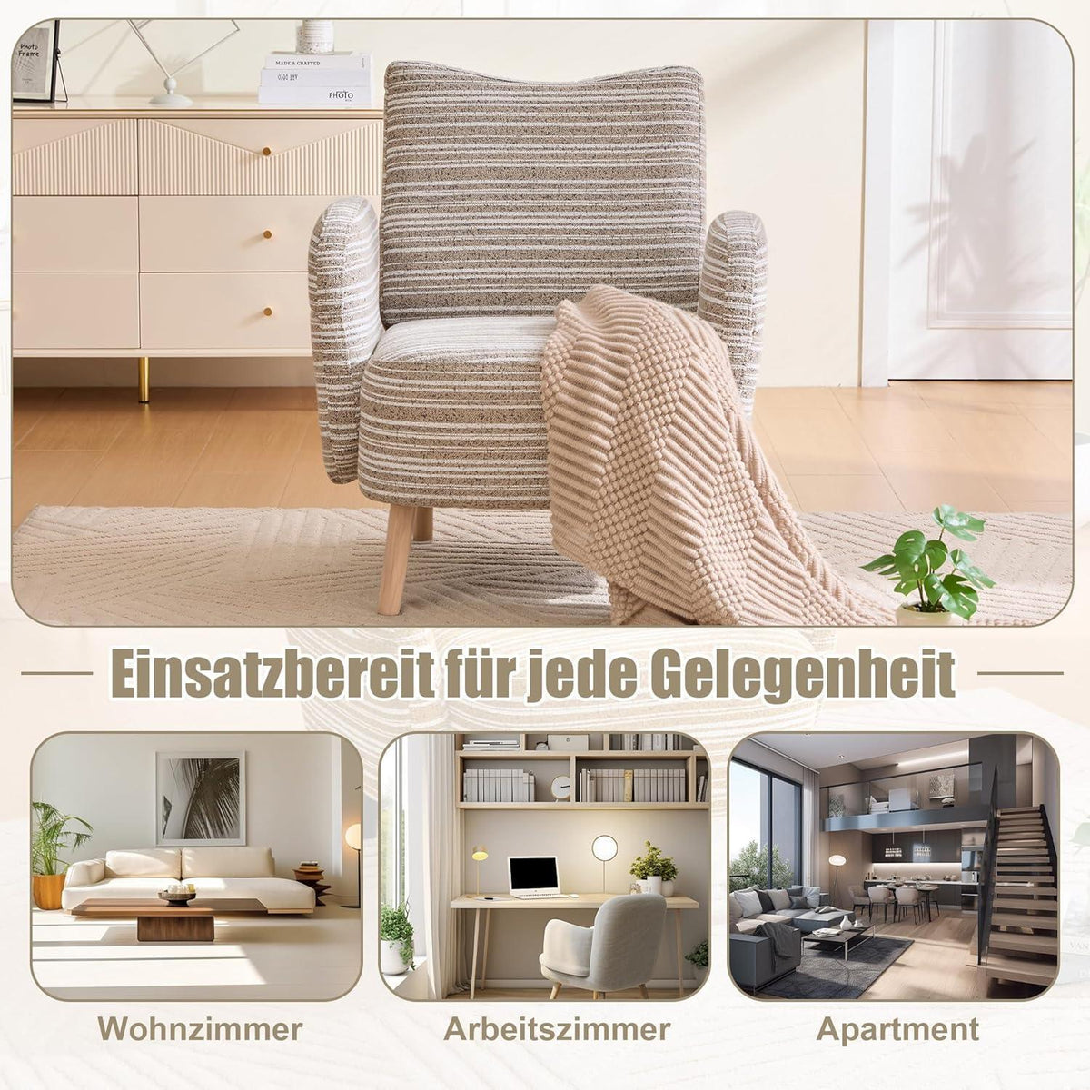 Ohrensessel Relaxsessel mit Bouclé Stoff & Massivholzbeinen Khaki