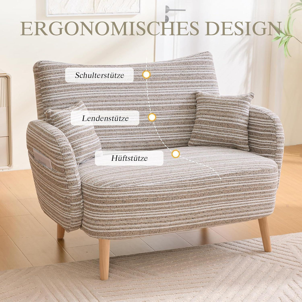 Relaxsessel mit Bouclé Stoff & Seitentaschen, Khaki