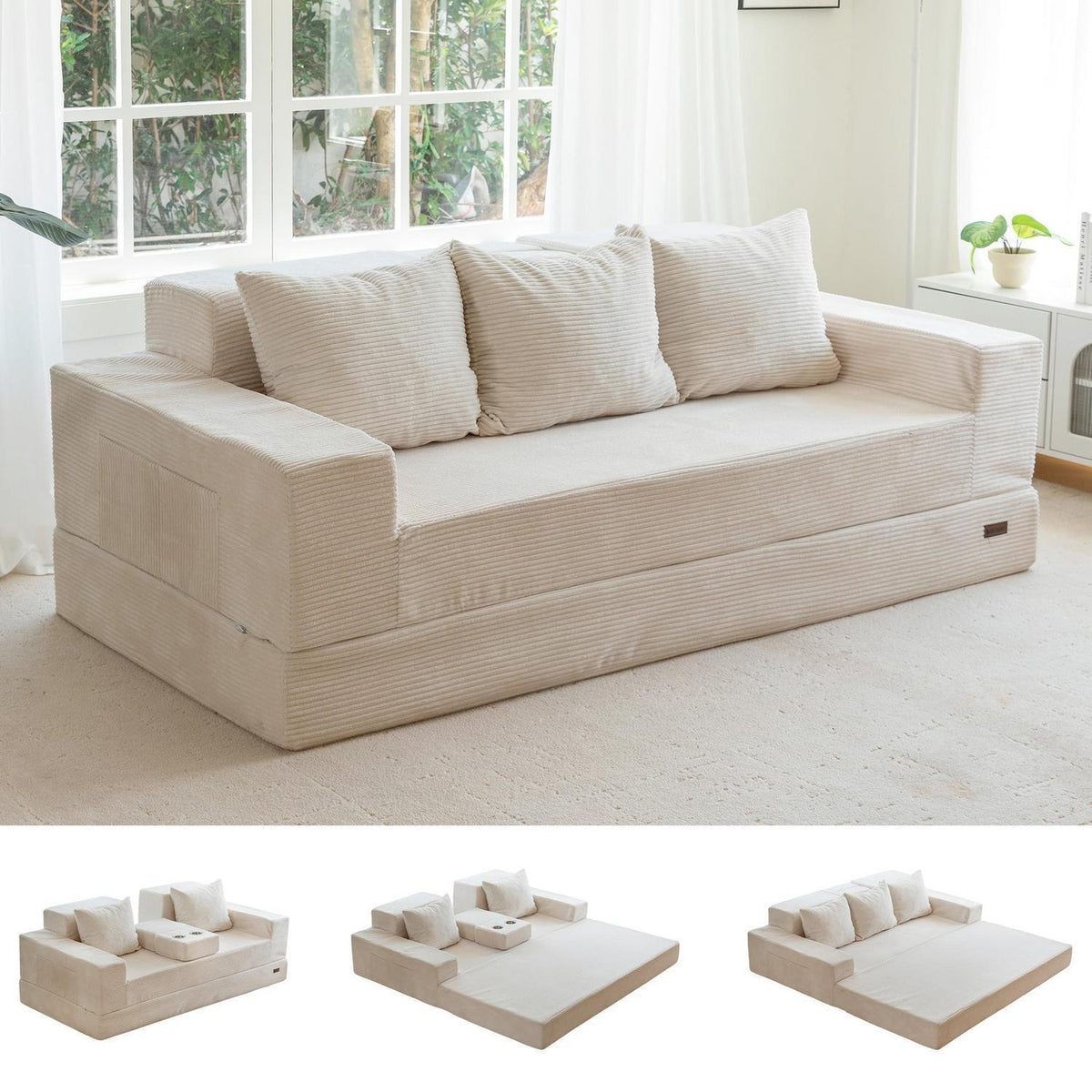Bequemes Cord Schlafsofa mit Getränkehaltern