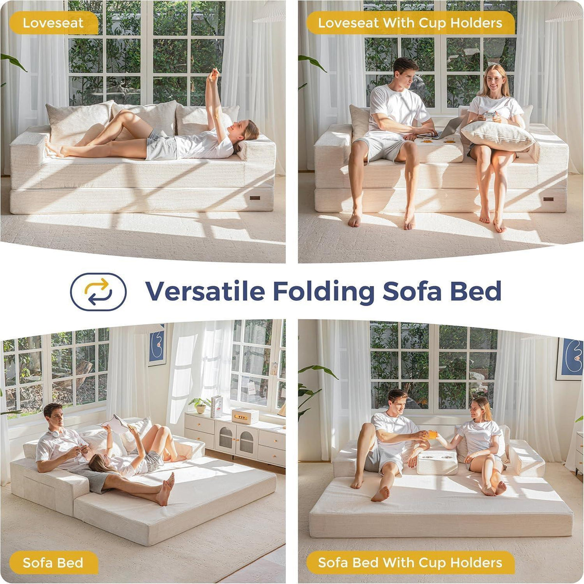 Bequemes Cord Schlafsofa mit Getränkehaltern