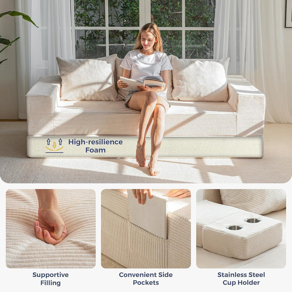 Bequemes Cord Schlafsofa mit Getränkehaltern
