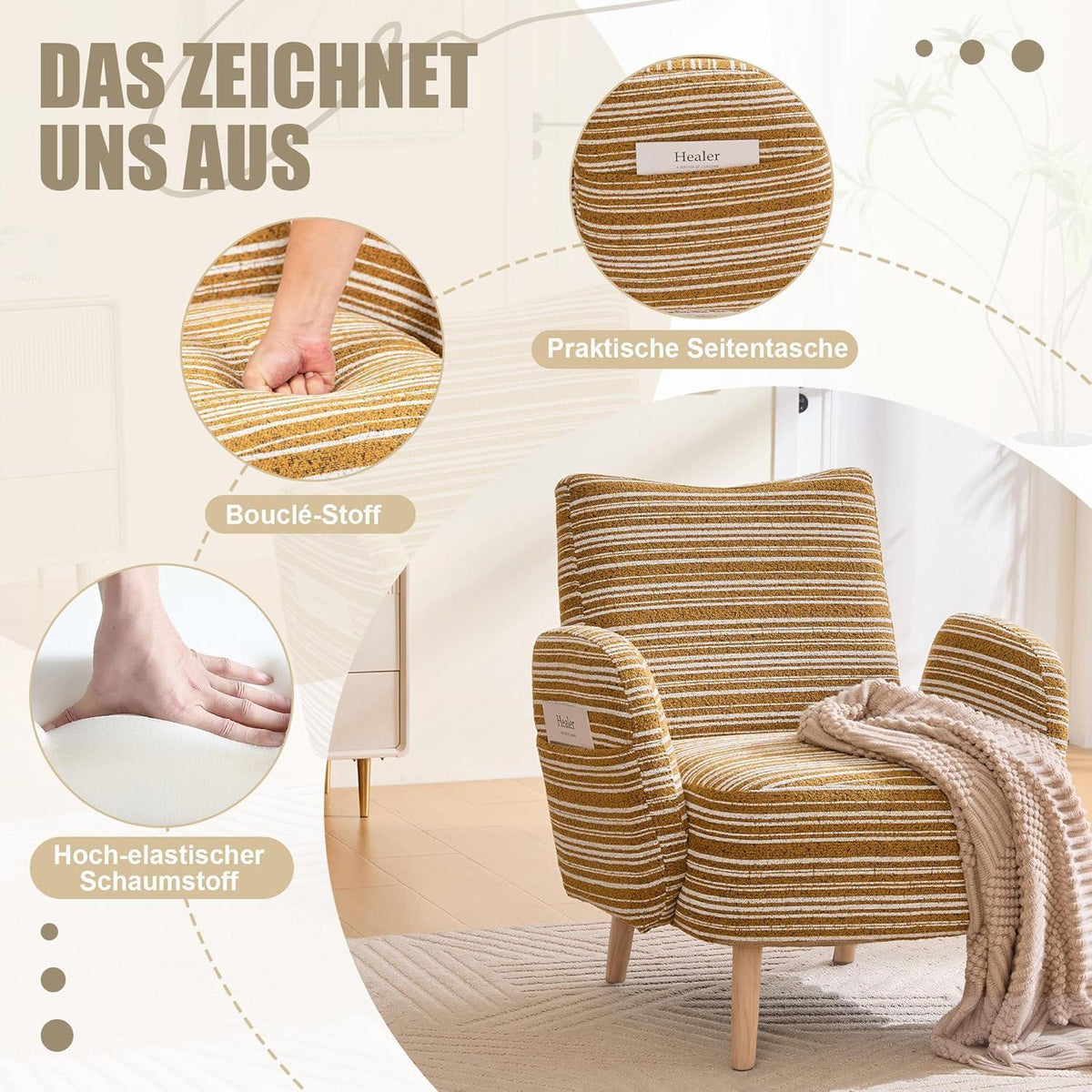 Ohrensessel Relaxsessel Gelb mit Massivholzbeinen