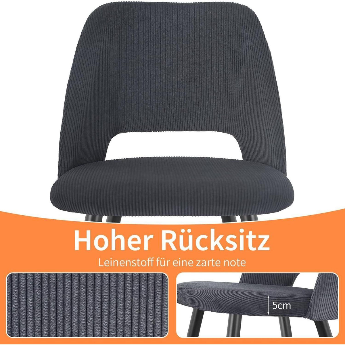 6 Esszimmerstühle mit Cordstoff – Schwarz, Ergonomisch & Robust