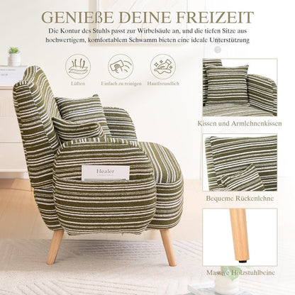 Olivgrüner Ohrensessel mit Beinen aus Massivholz