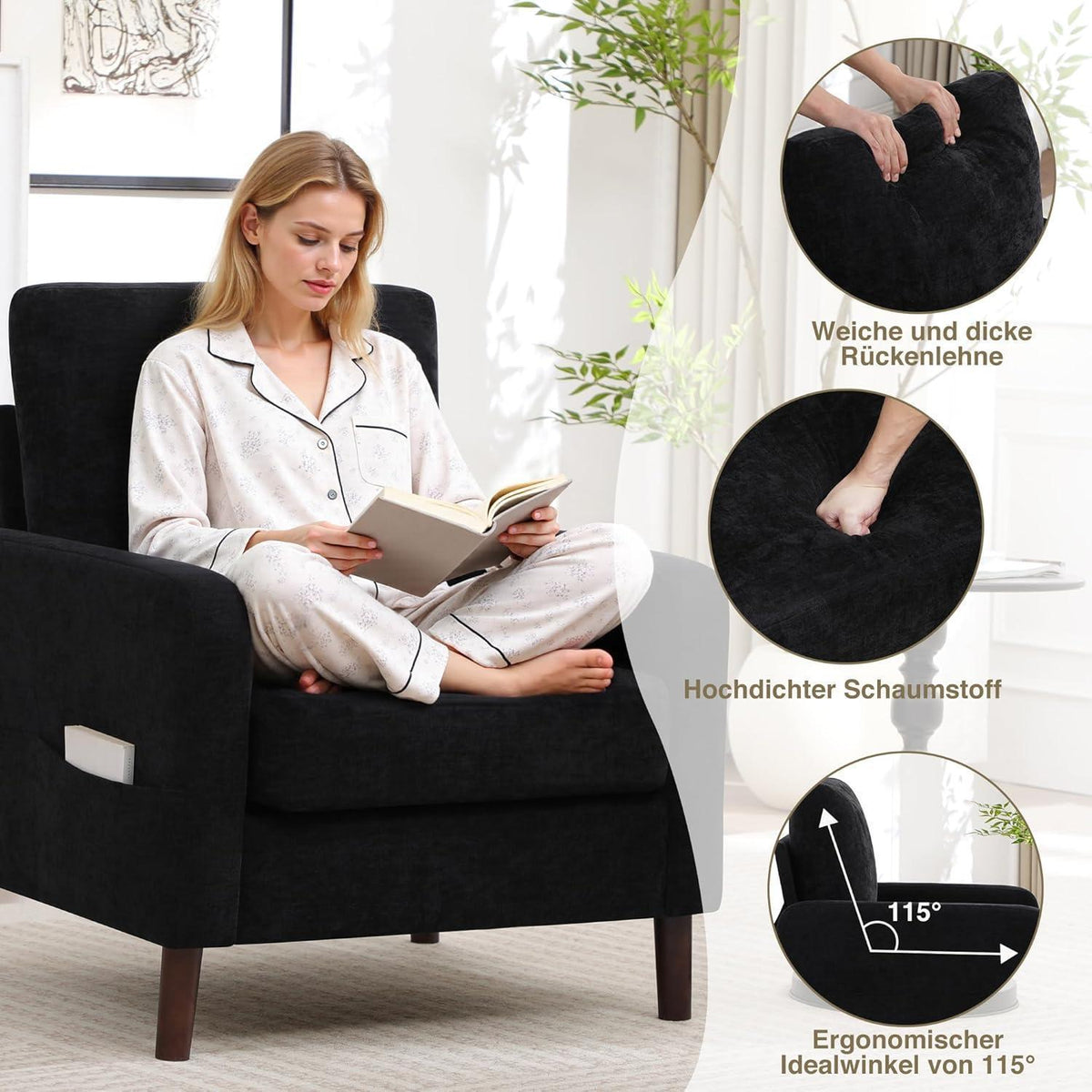 Bequemer Lesesessel Schwarz mit Holzbeinen & Chenille-Stoff