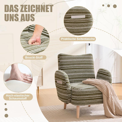 Ohrensessel Relaxsessel Bouclé Olivgrün – Bequemer Lesesessel mit Stauraum