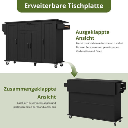 Mobile Kücheninsel mit Klappplatte & Gewürzregalen – Schwarz