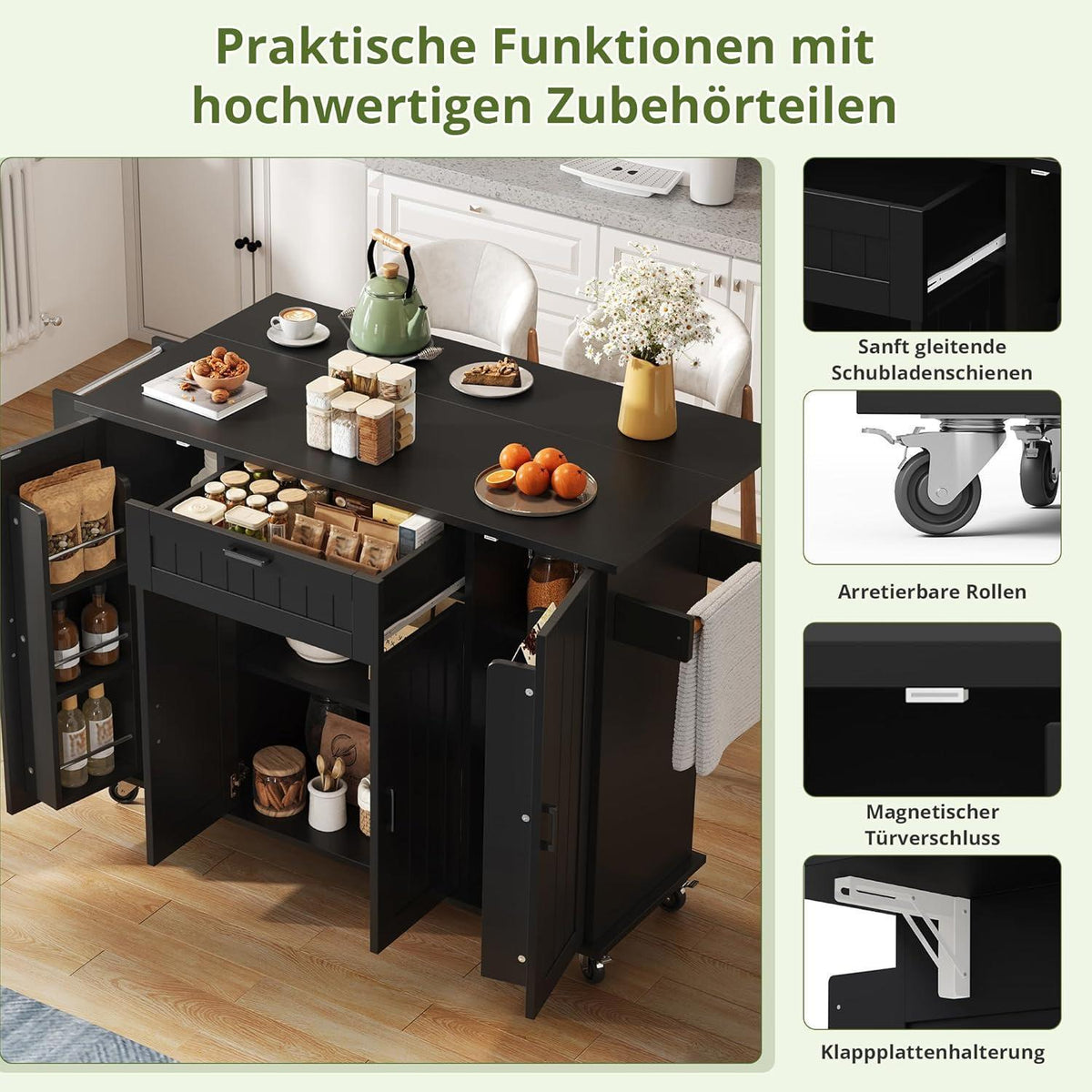 Mobile Kücheninsel mit Klappplatte & Gewürzregalen – Schwarz