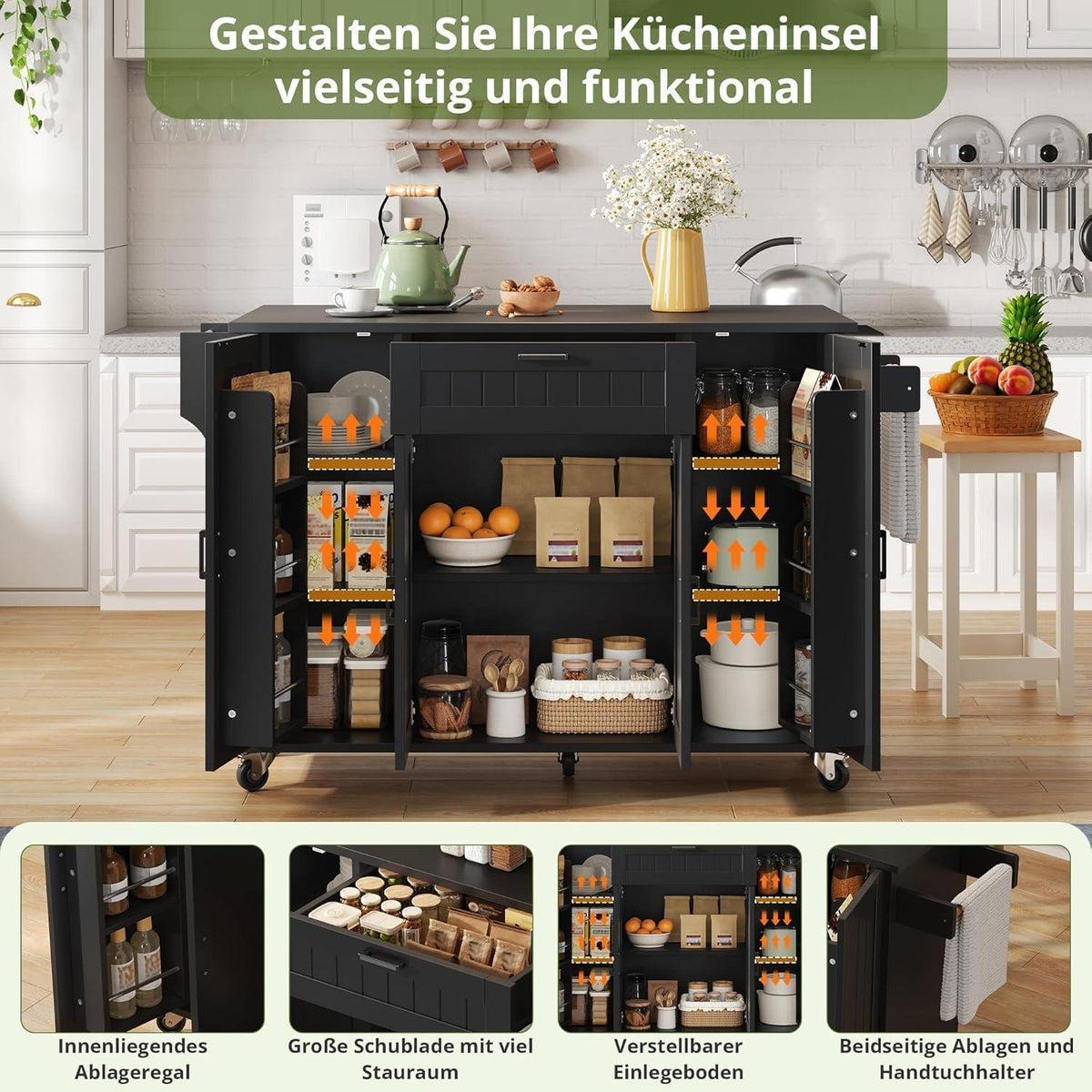 Mobile Kücheninsel mit Klappplatte & Gewürzregalen – Schwarz