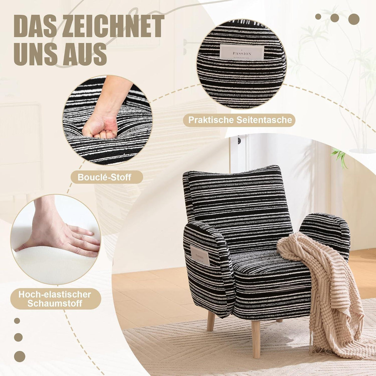 Ohrensessel Relaxsessel Schwarz – Bequemer Lesesessel mit Massivholzbeinen