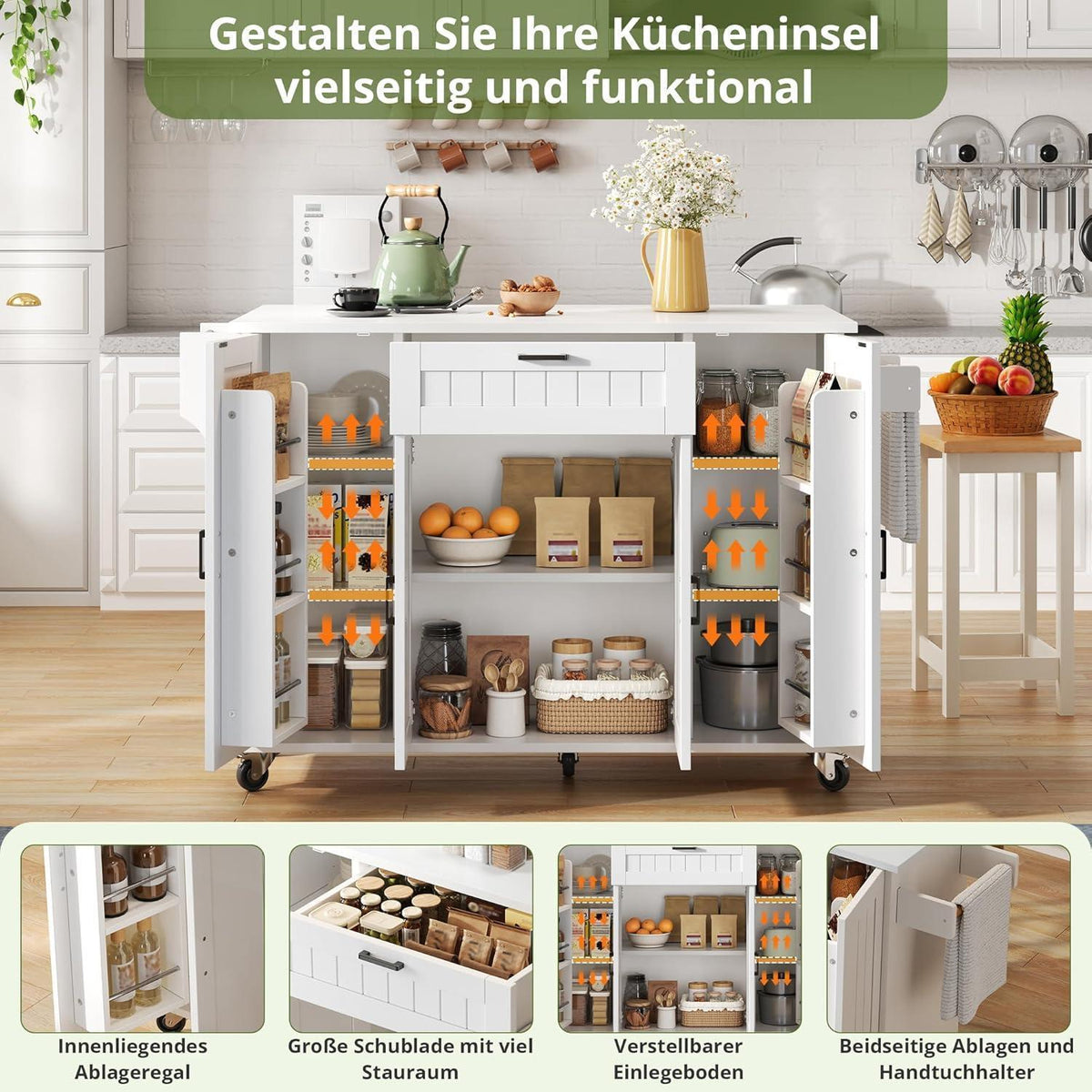 Mobile Kücheninsel mit Klappplatte & Gewürzregalen – Weiß