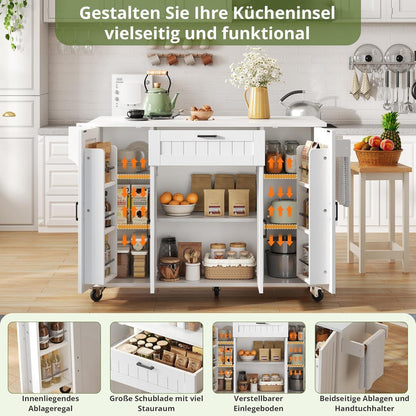 Mobile Kücheninsel mit Klappplatte & Gewürzregalen – Weiß