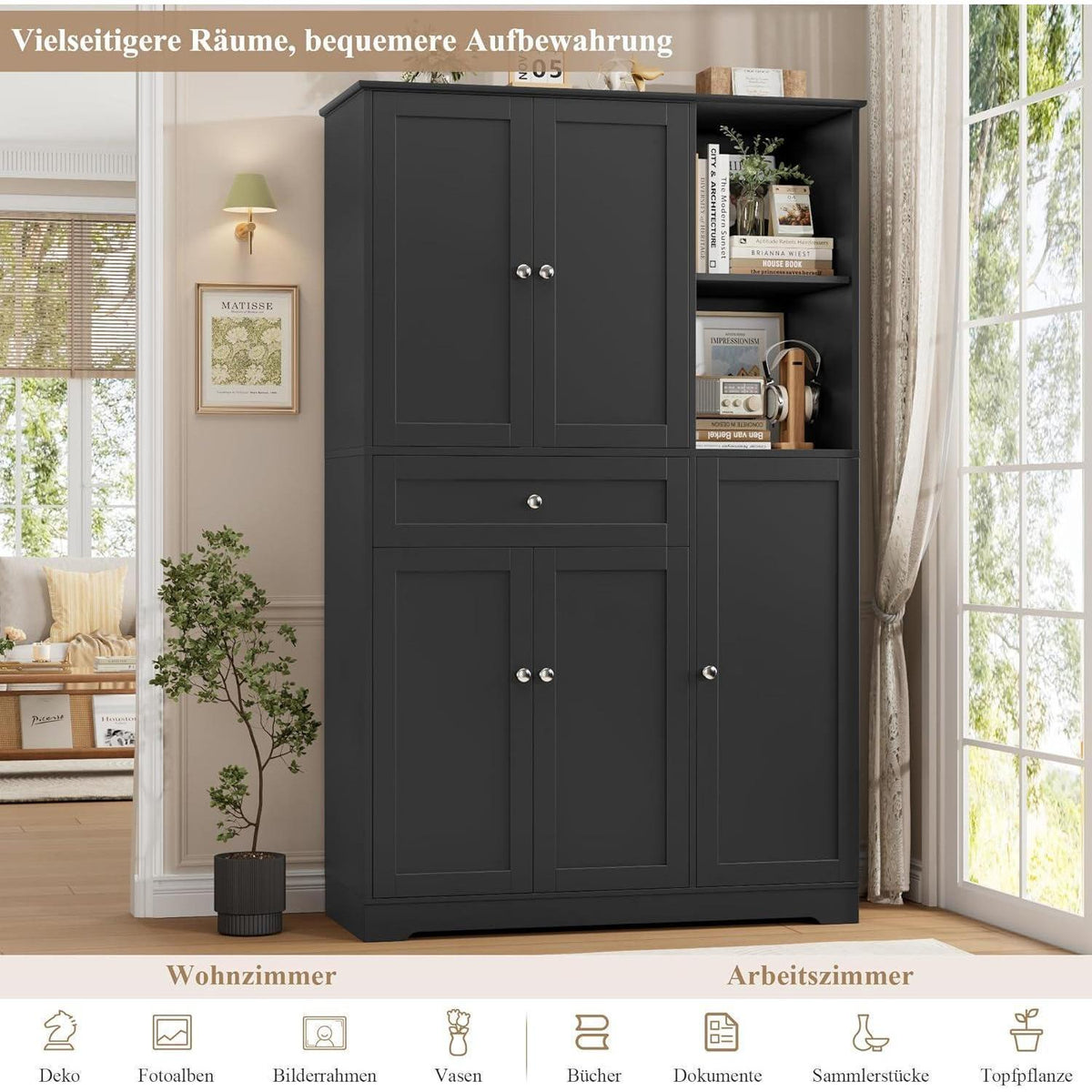 Küchenschrank mit Gewürzregal & 5 Türen – Buffet & Hochschrank Schwarz